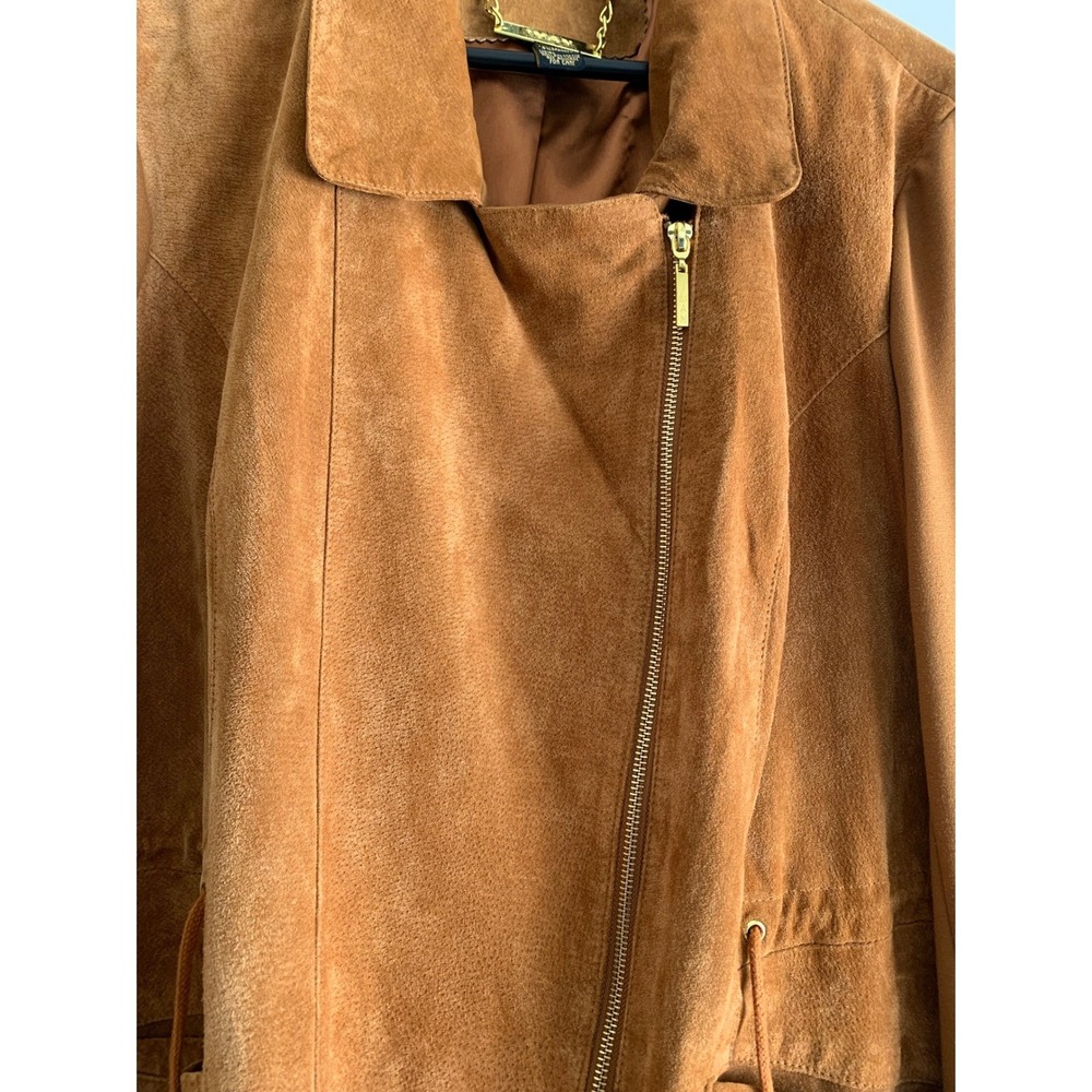 IMAN Global Chic Women Brown Suede Genuine Leather Moto Jacket Asymmetric Zip 2X - Picture 5 of 10